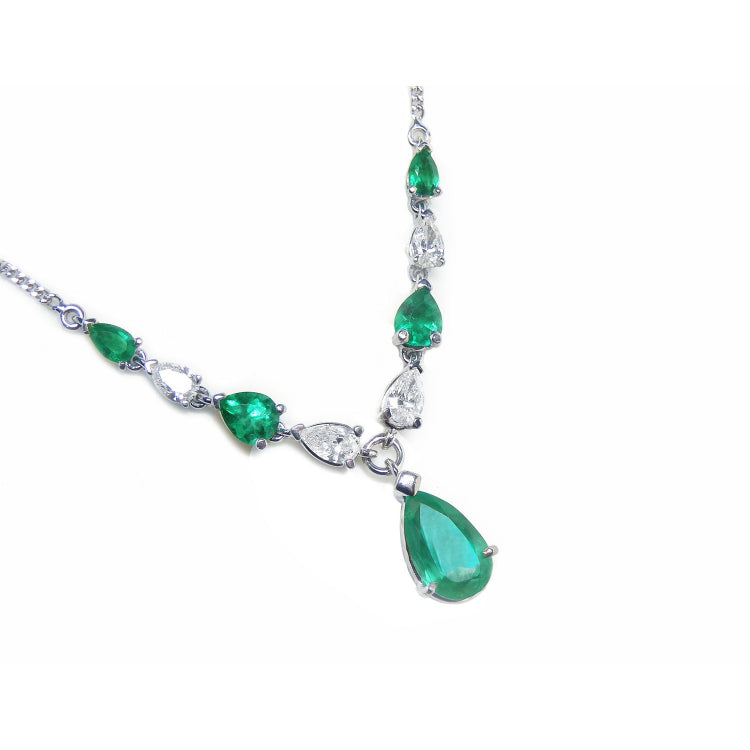 Natural Emerald necklace and diamonds pear shaped in 14k white gold individual settings with a wheat style chain