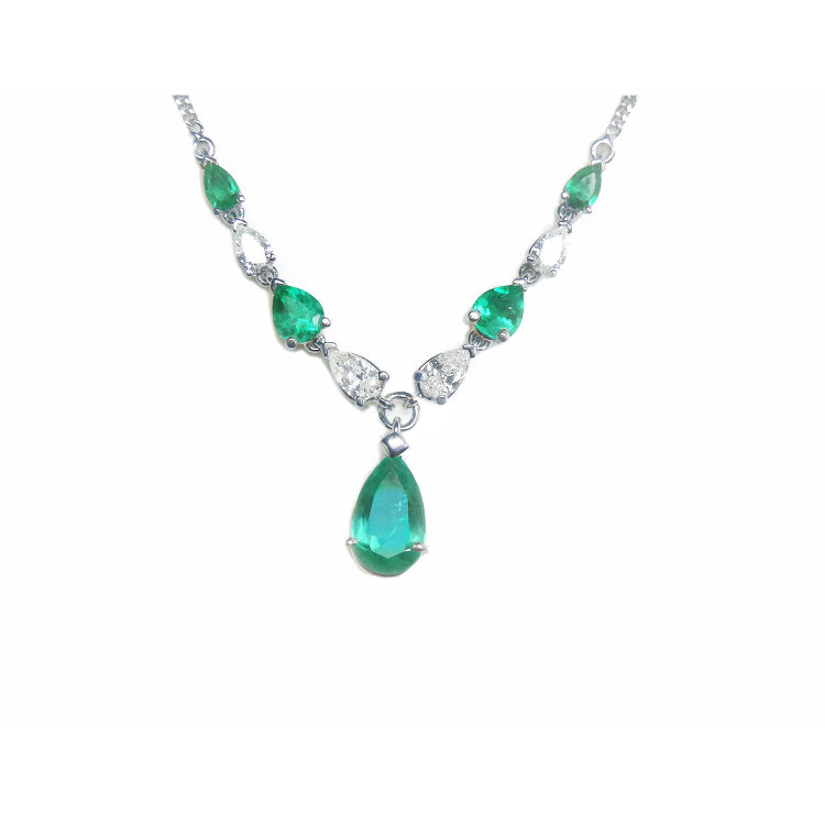Colombian emerald necklace natural diamonds pear shaped linked in 14k white gold individual settings