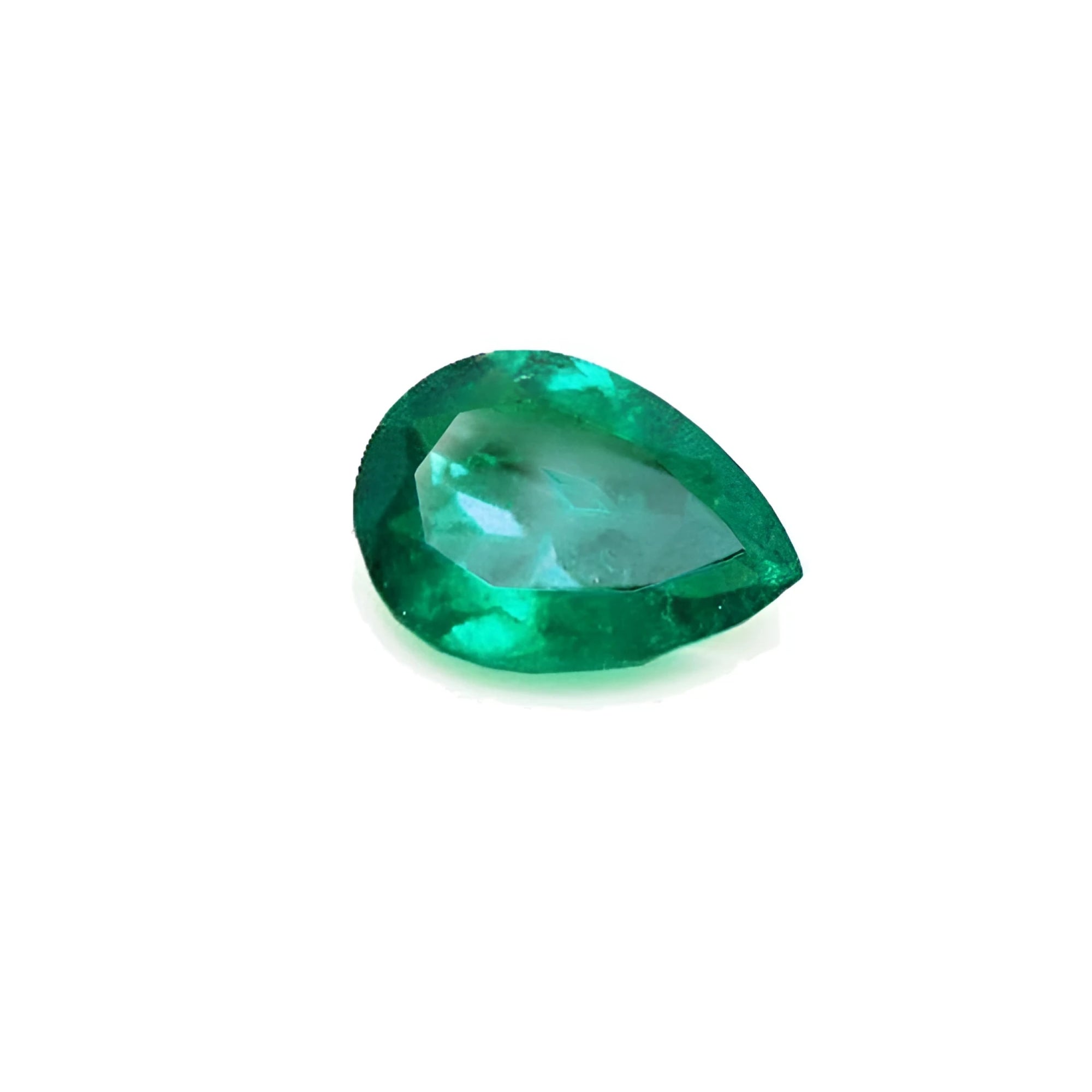1.74-carat pear-cut Colombian emerald with a vibrant deep bluish-green hue.