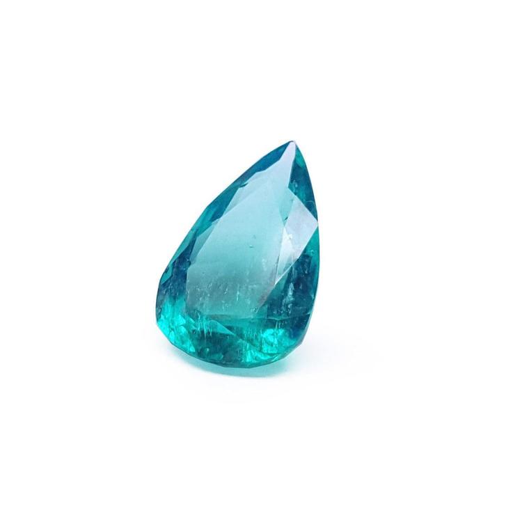 Pear cut loose colombian emerald for sale, front tall right position table and crown view