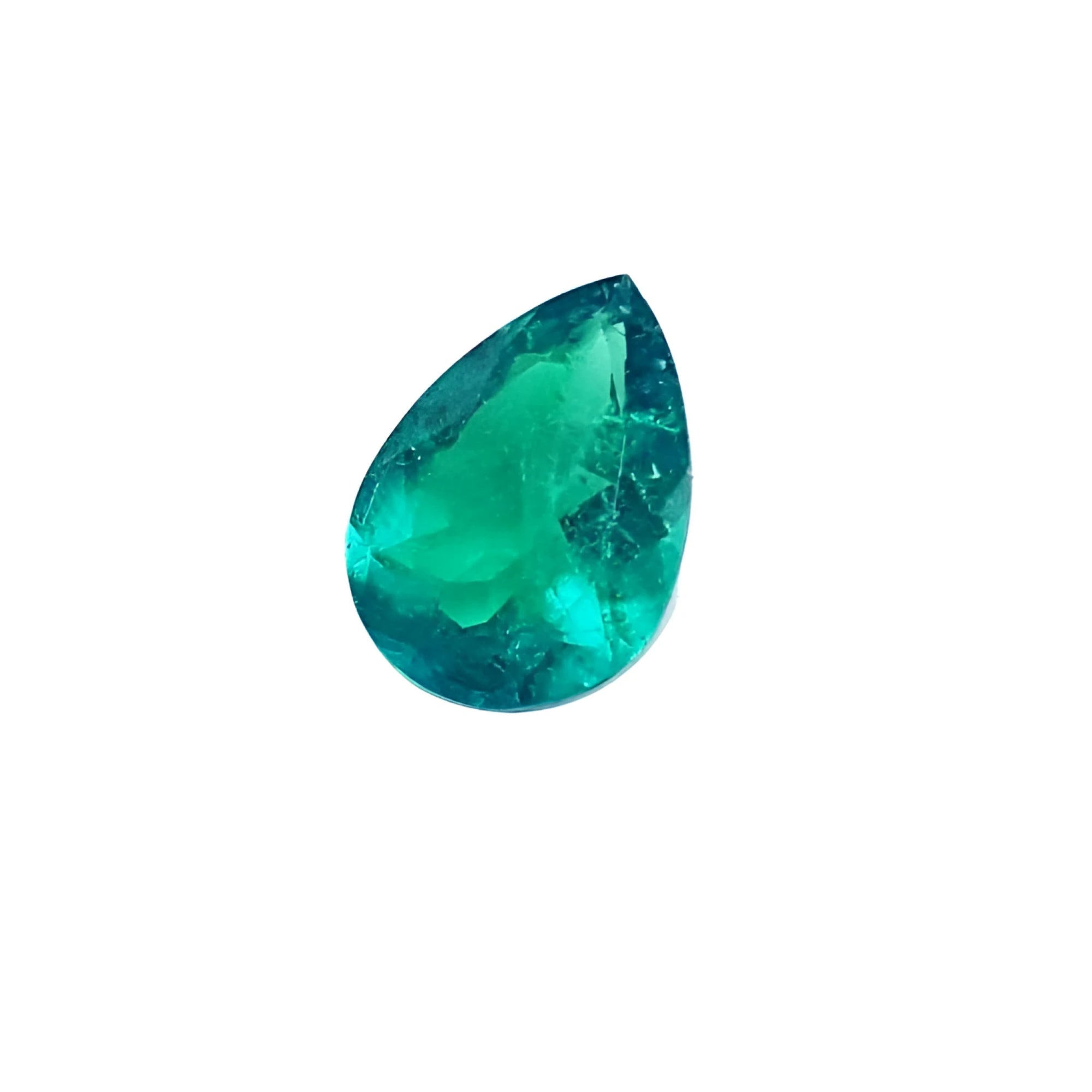 1.74-carat pear-cut Colombian emerald with a vibrant, deep bluish-green hue.