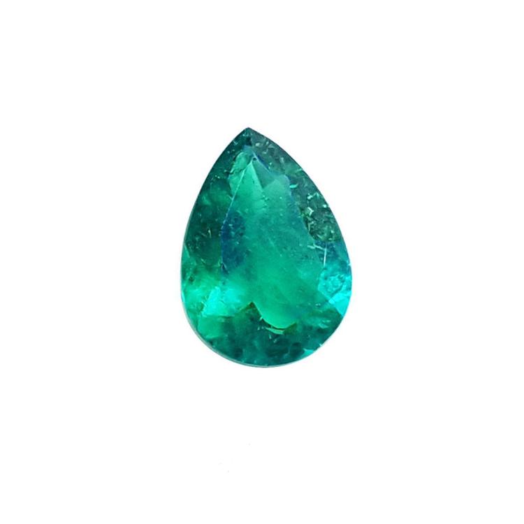 Pear cut natural loose Colombian emerald front tall table and crown view