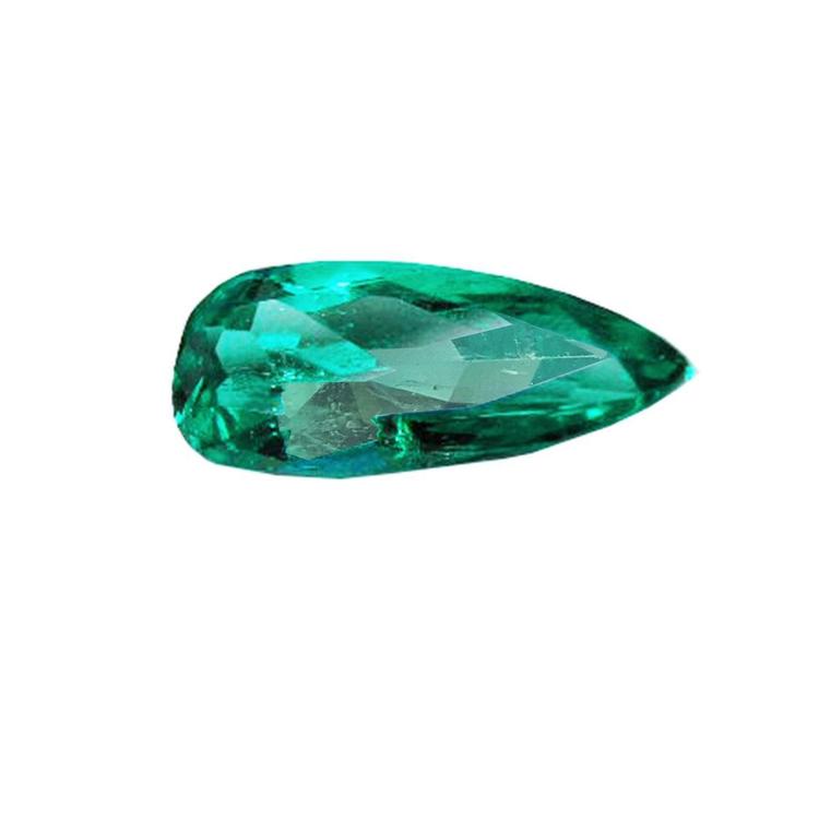 GIA certified Pear shaped loose Colombian emerald, right side table and crown close view
