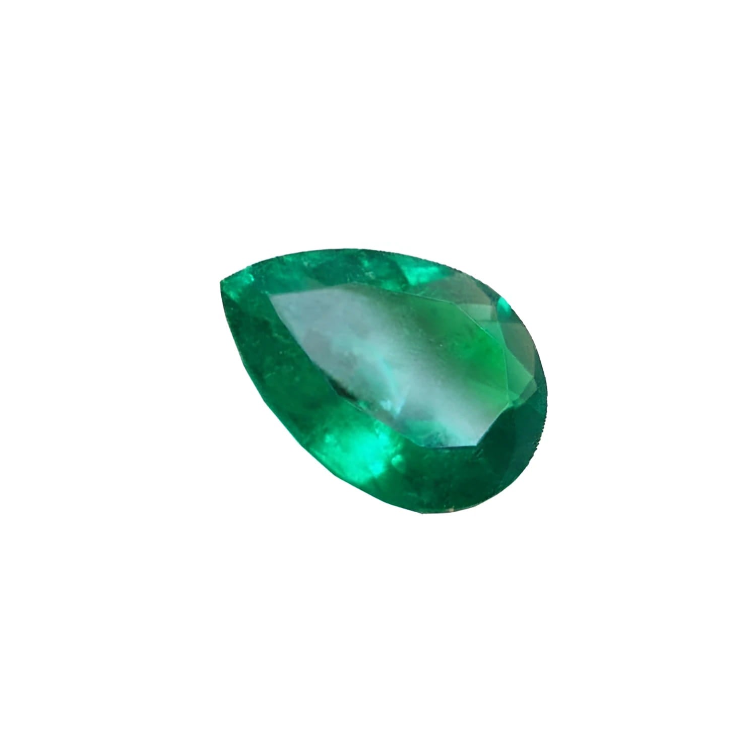 Pear cut natural loose Colombian emerald showcasing a vibrant, crystalline deep bluish-green hue.