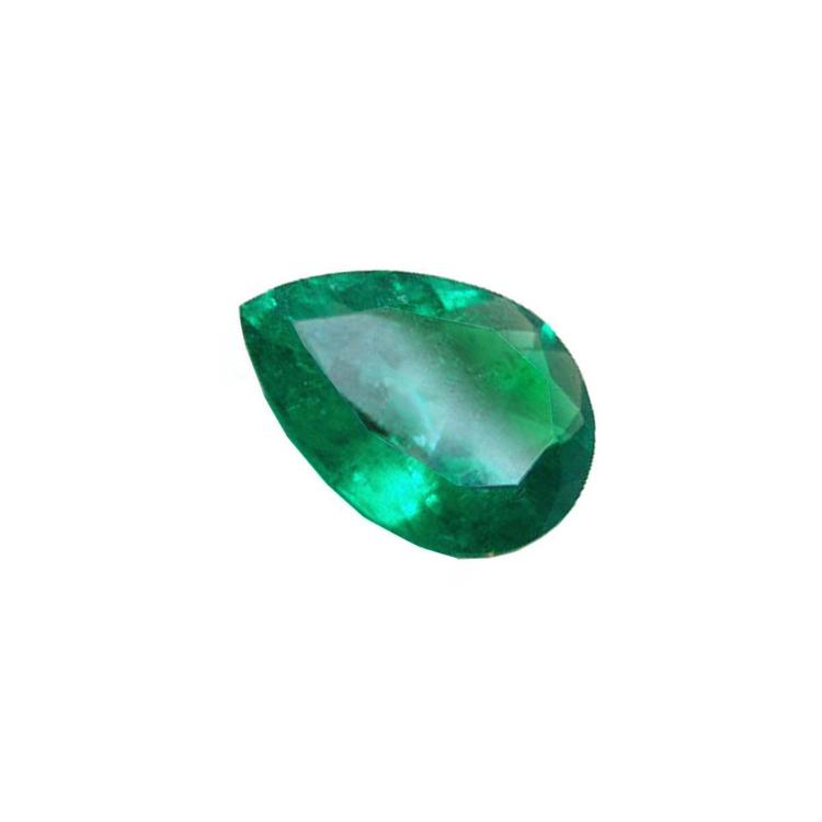 Pear cut natural loose Colombian emerald showcasing a vibrant, crystalline deep bluish-green hue.