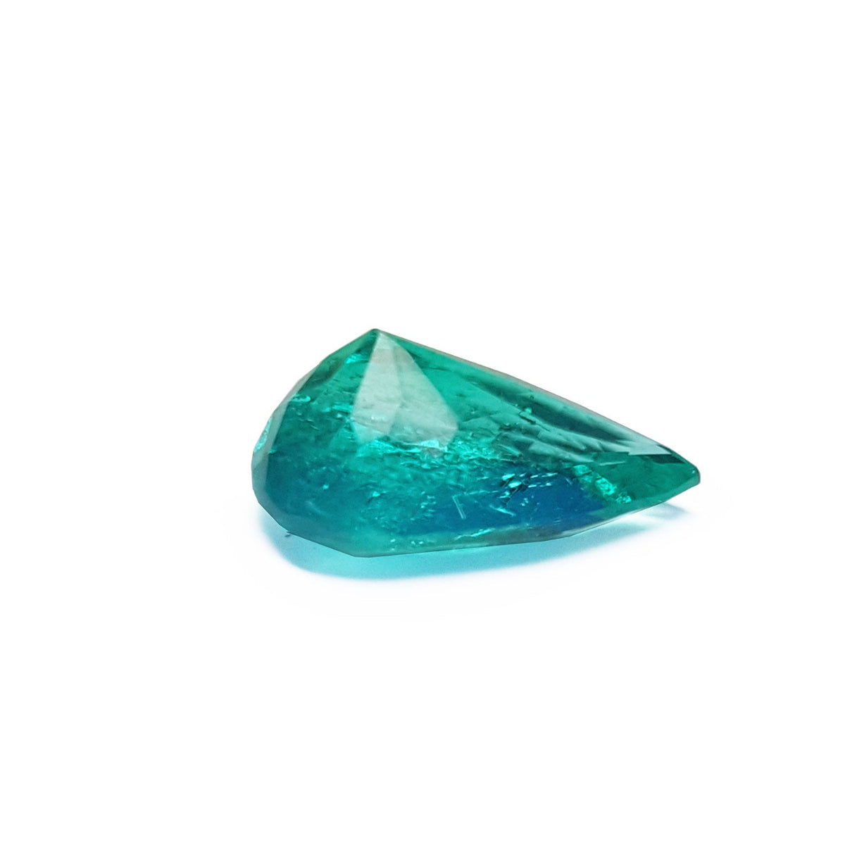 Pear cut loose colombian emerald for sale, upside down pavilion view