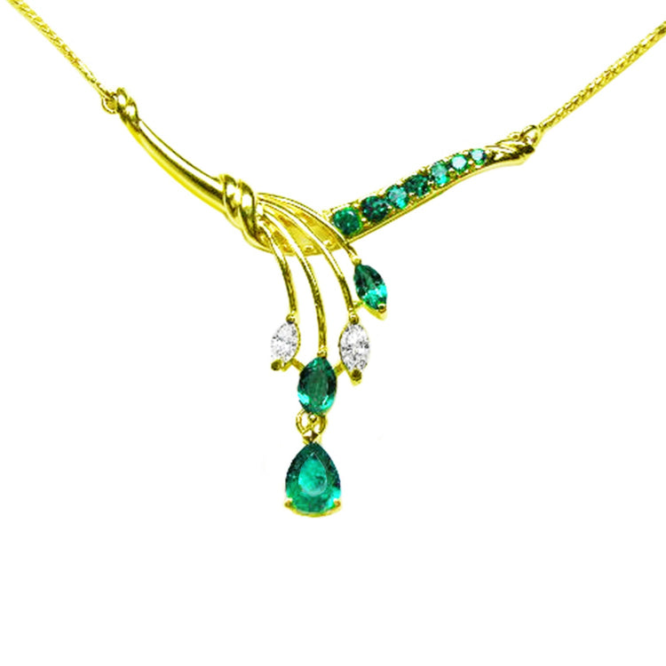 Emerald necklace for women blended pear shaped, marquises and round cut emeralds with natural diamonds, in 14k yellow gold