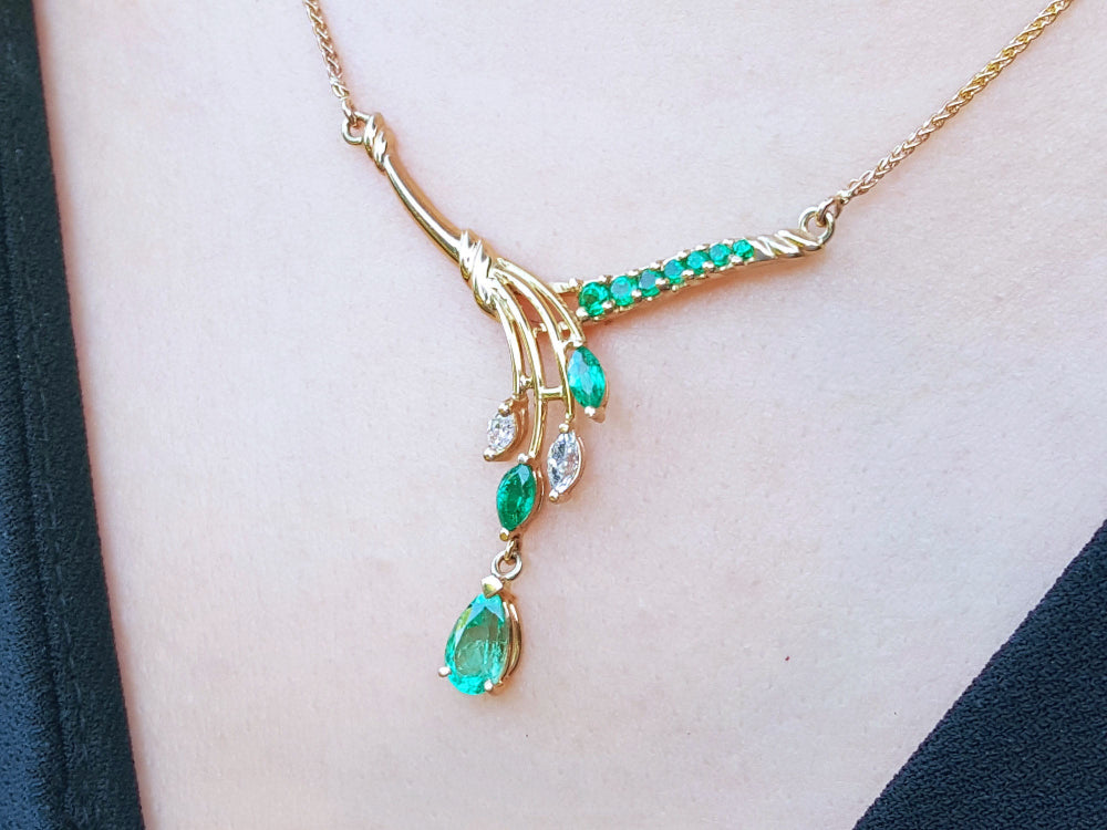 Genuine emerald necklace for women pear shaped, marquises and round cut emeralds with natural diamonds, crafted in 14k yellow gold