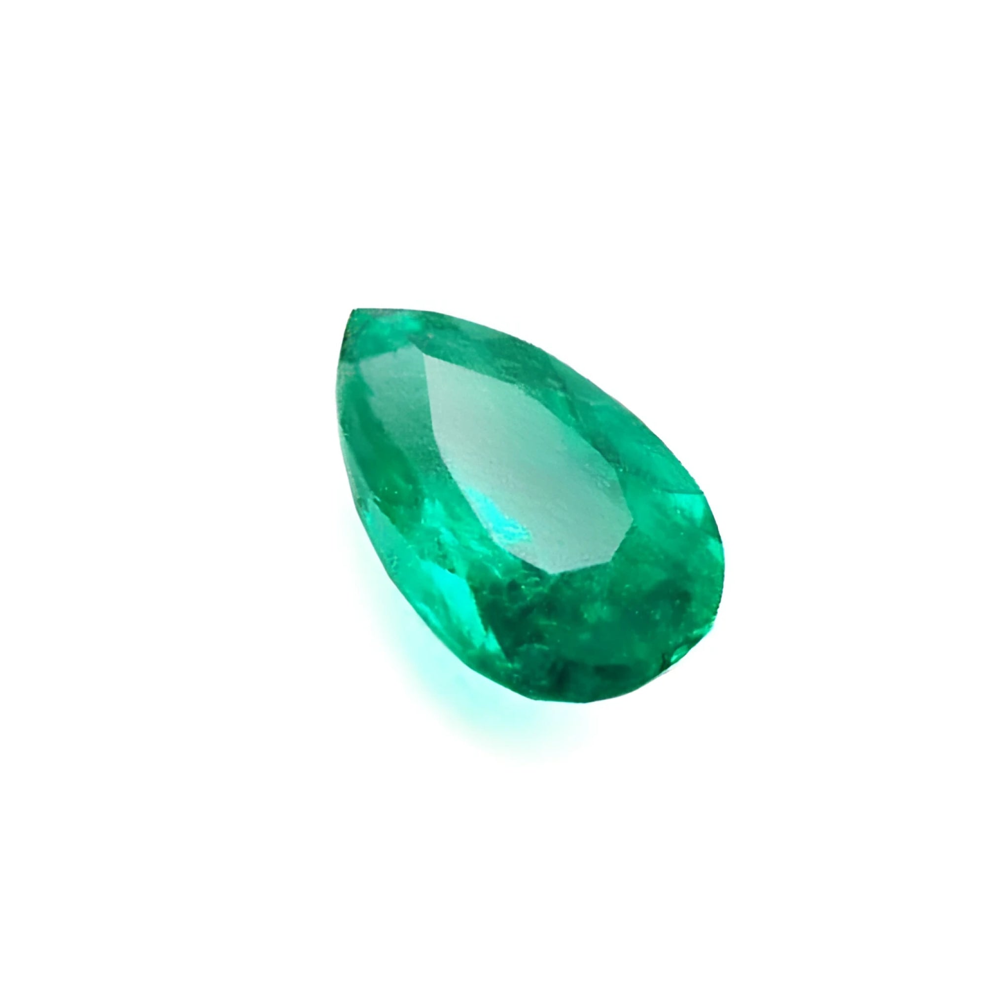 Pear cut natural loose colombian emerald muzo mine, features a vibrant medium-deep bluish-green hue and great brilliance,