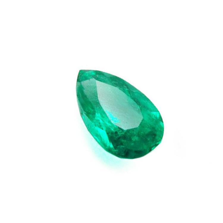 Pear cut natural loose colombian emerald muzo mine, features a vibrant medium-deep bluish-green hue and great brilliance,
