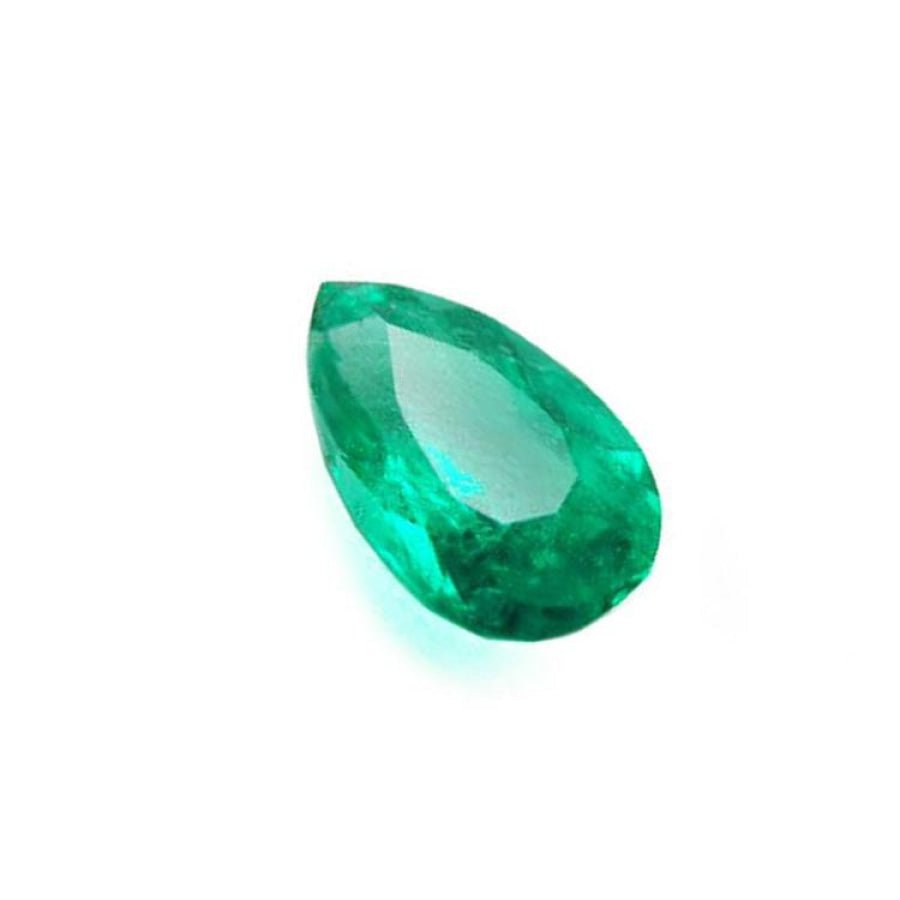 Pear cut natural loose colombian emerald muzo mine, features a vibrant medium-deep bluish-green hue and great brilliance,