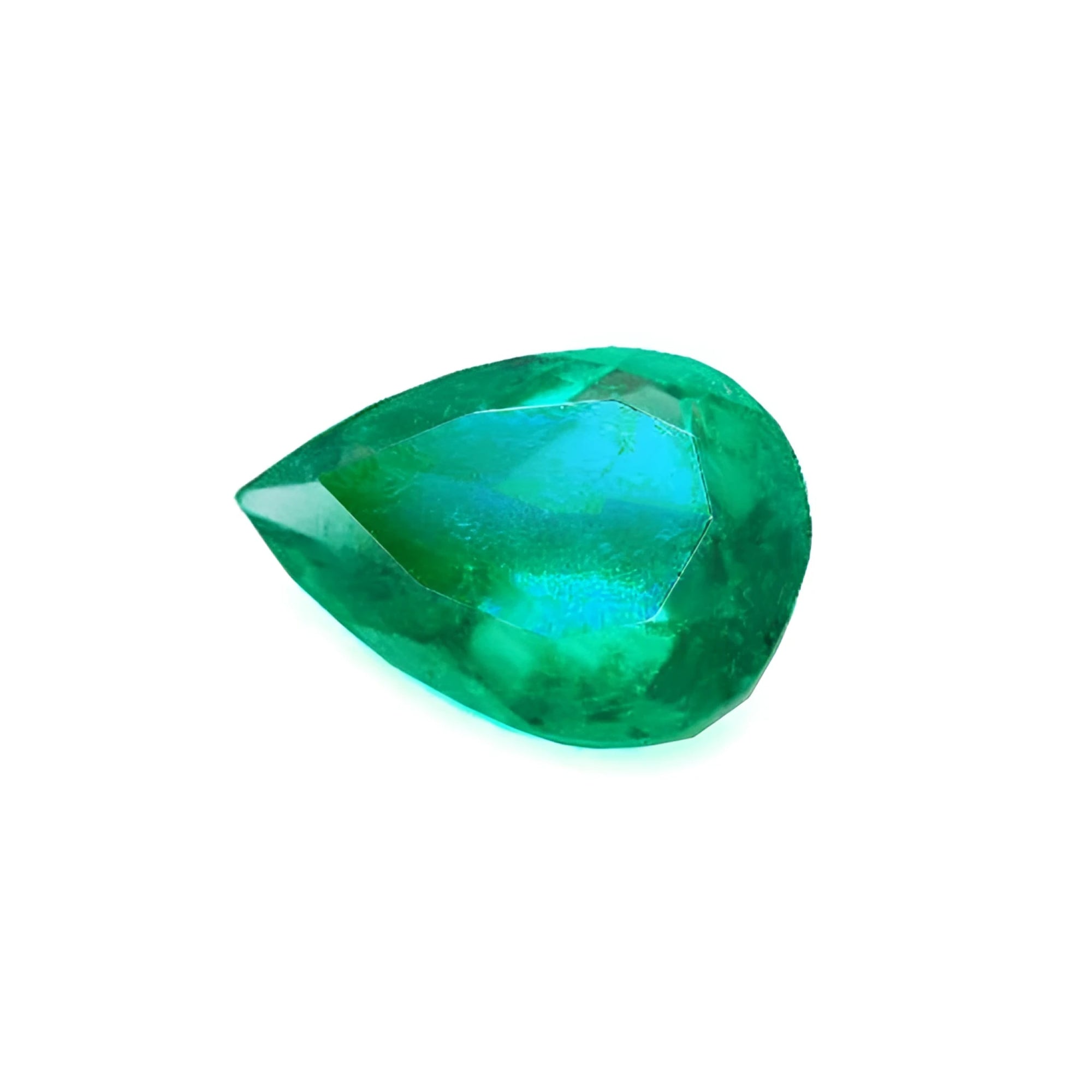 4.17 ct pear-cut natural emerald from Muzo Colombia, vibrant medium-deep green hue.