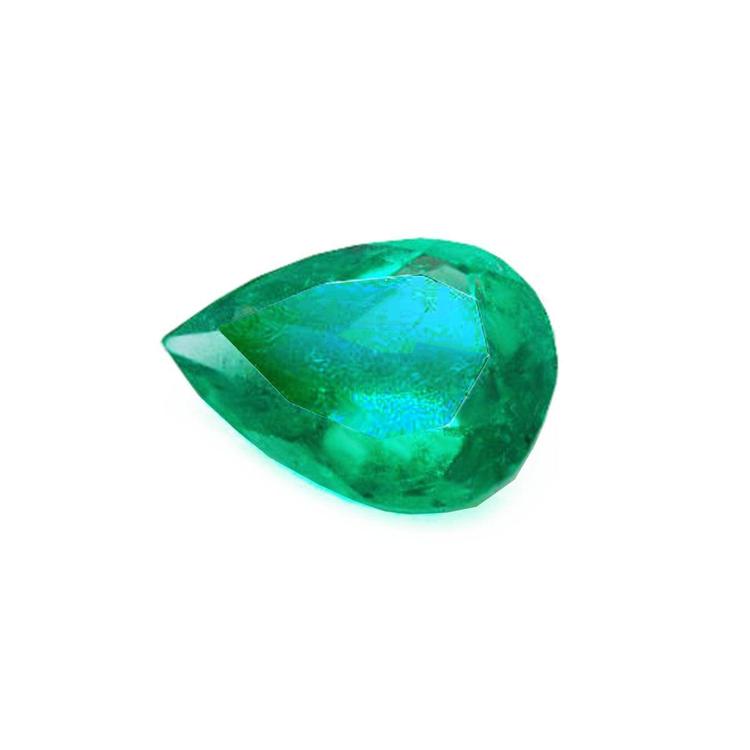 pear cut natural Colombian emerald Muzo mine, front left side close table and crown view