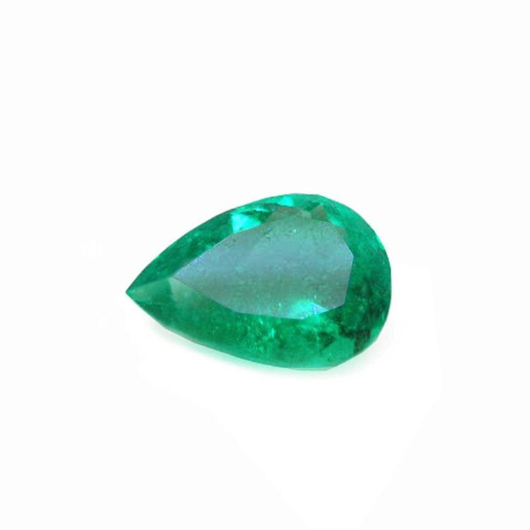 pear cut natural Colombian emerald Muzo mine, front left side table and crown view