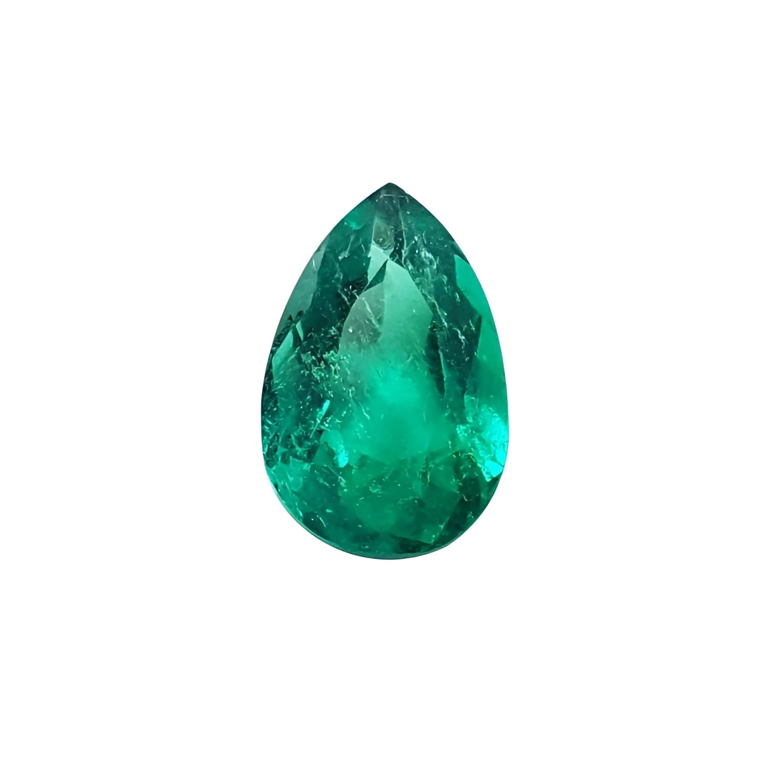1.84 carat pear-cut natural emerald from Muzo Colombia, vibrant bluish-green.
