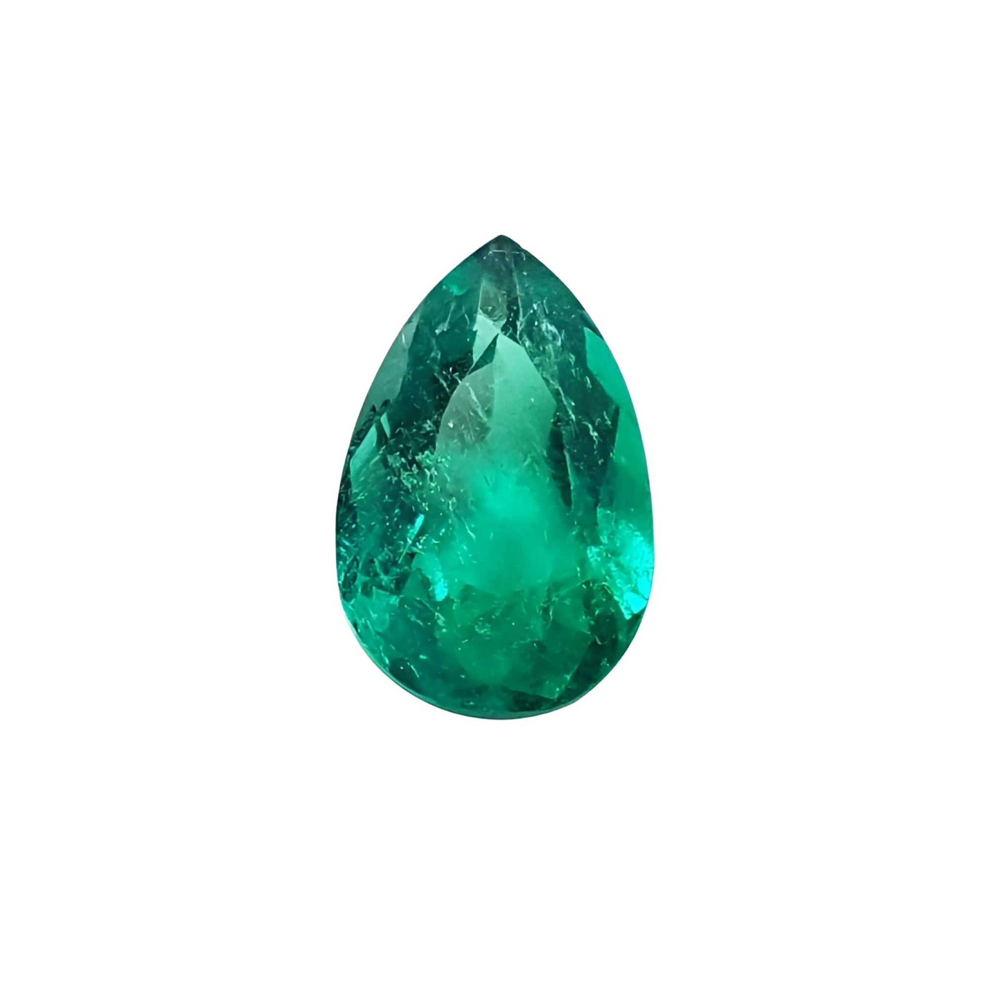 1.84 carat pear-cut natural emerald from Muzo Colombia, vibrant bluish-green.