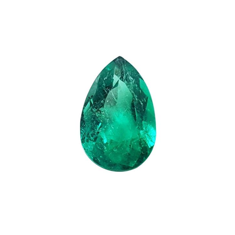 Pear cut natural colombian emerald muzo mine, front side tall table and crown view