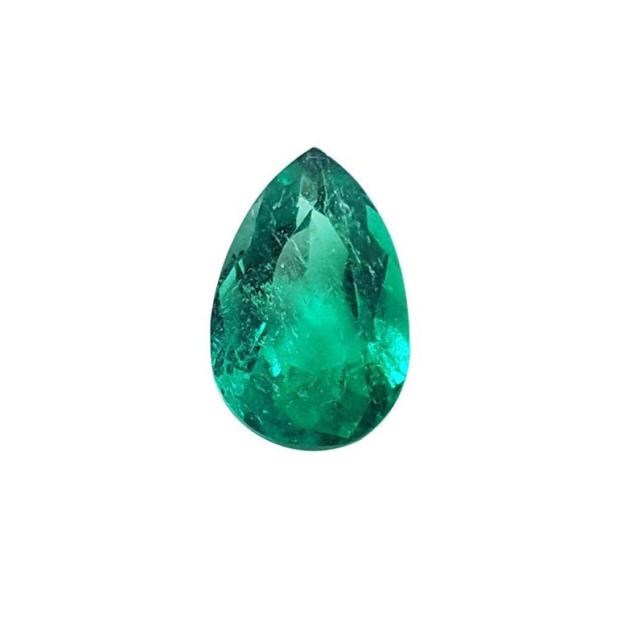 1.84 carat pear-cut natural emerald from Muzo Colombia, vibrant bluish-green.
