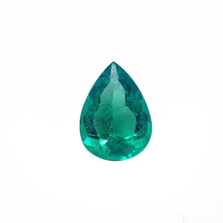 Pear cut natural Colombian emerald Muzo mine, a vibrant medium-deep green hue.