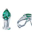 Pair of emerald pear cut colombian emerald clip-on earrings white gold front and side positions profiles