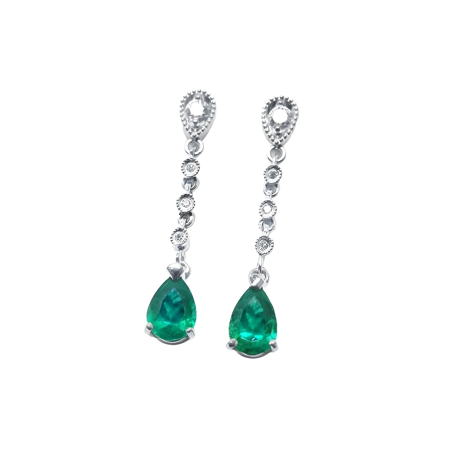 1.05 ct. pear-shaped emerald drop earrings in 14K white gold with diamond accents.
