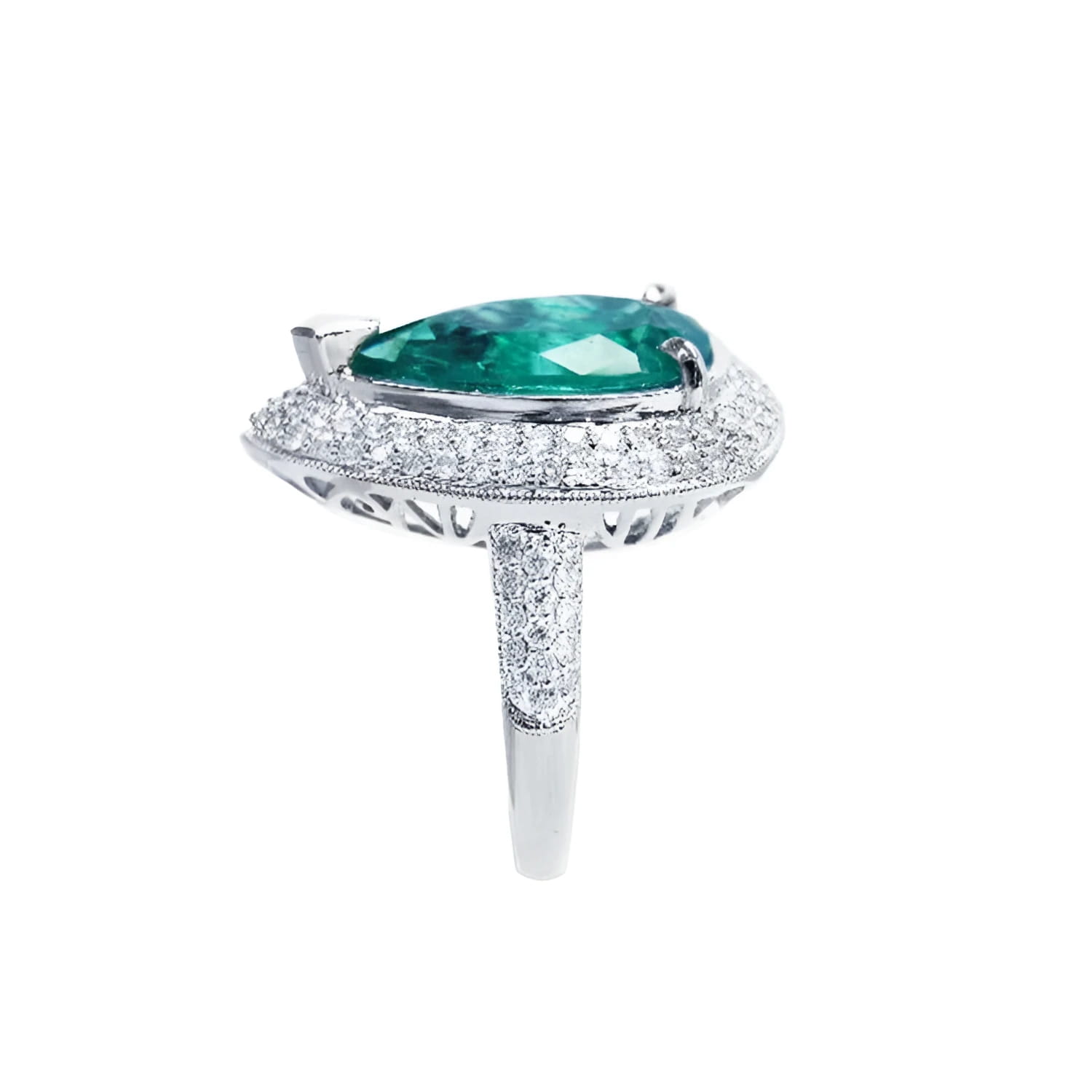 Pear-shaped 3.35 ct. emerald engagement ring in 14K white gold with diamond halo and pavé band.