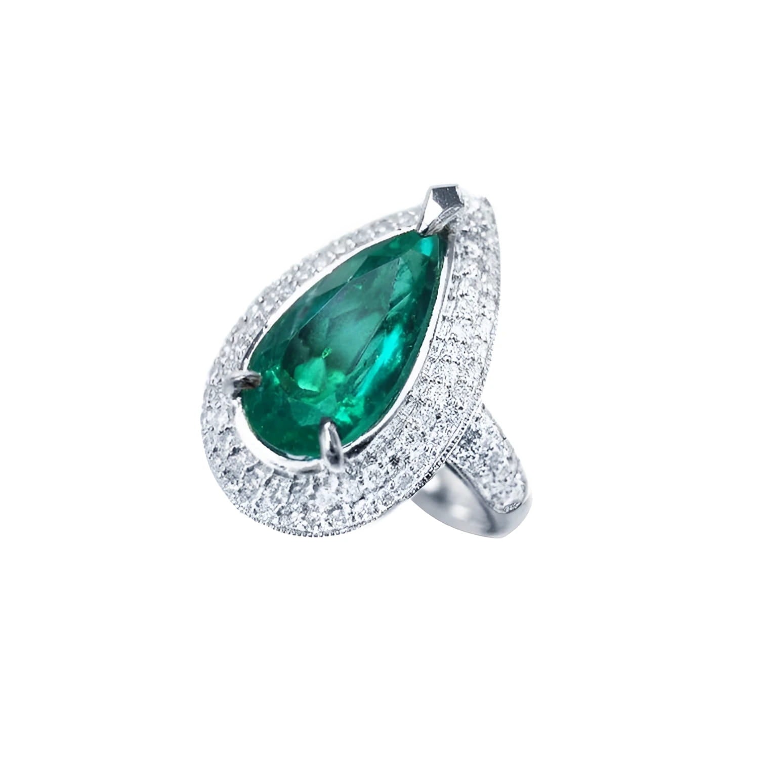 Pear-shaped 3.35 ct. emerald engagement ring in 14K white gold with diamond halo.