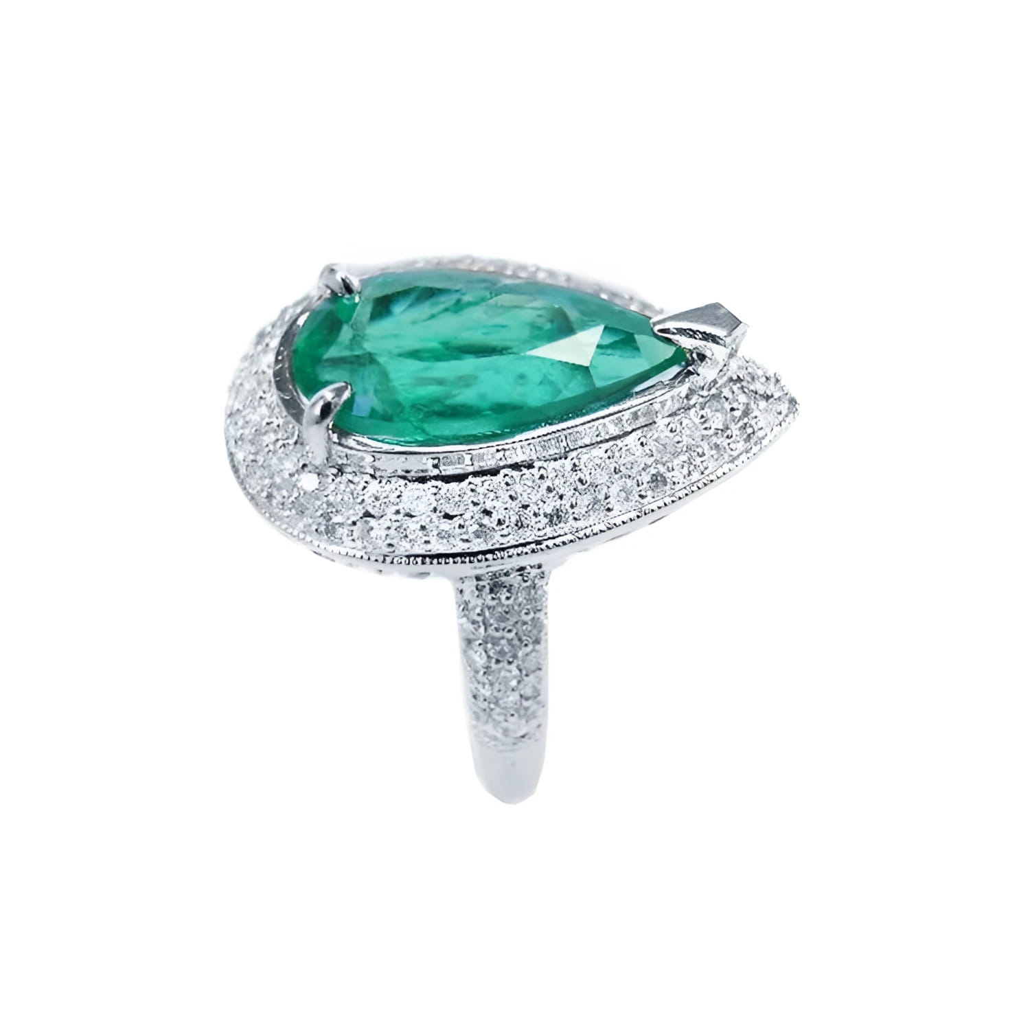 Pear-shaped 3.35 ct. emerald engagement ring in 14K white gold with diamond halo and pavé band.