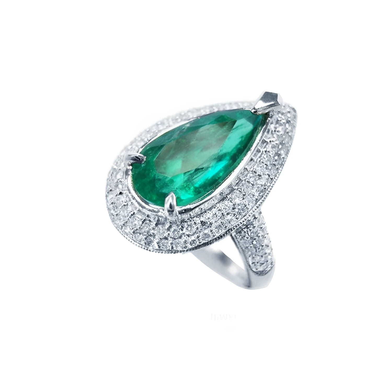 Pear-shaped 3.35 ct. emerald engagement ring in 14K white gold with diamond halo and pavé band.