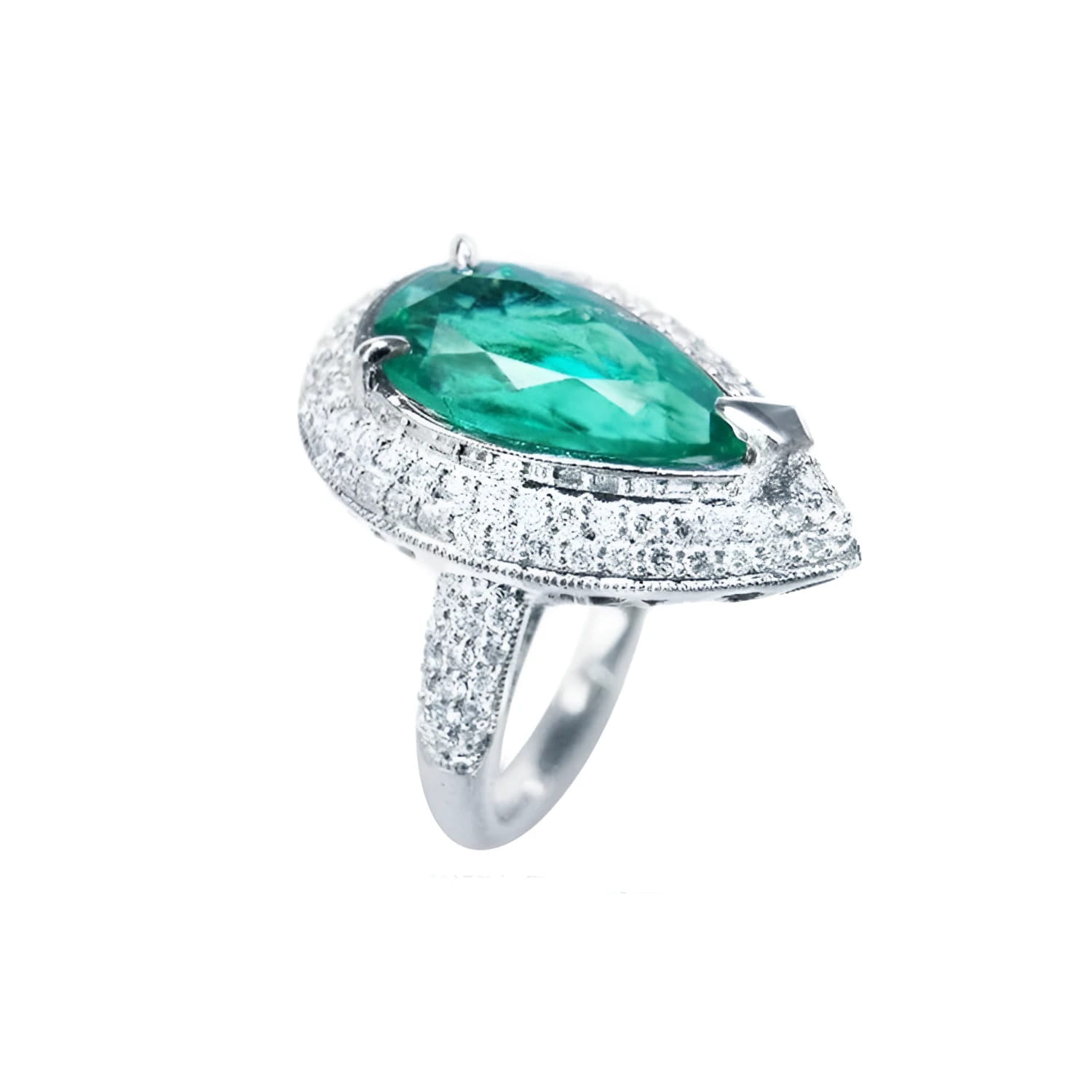 Pear-shaped 3.35 ct. emerald engagement ring in 14K white gold with diamond halo.