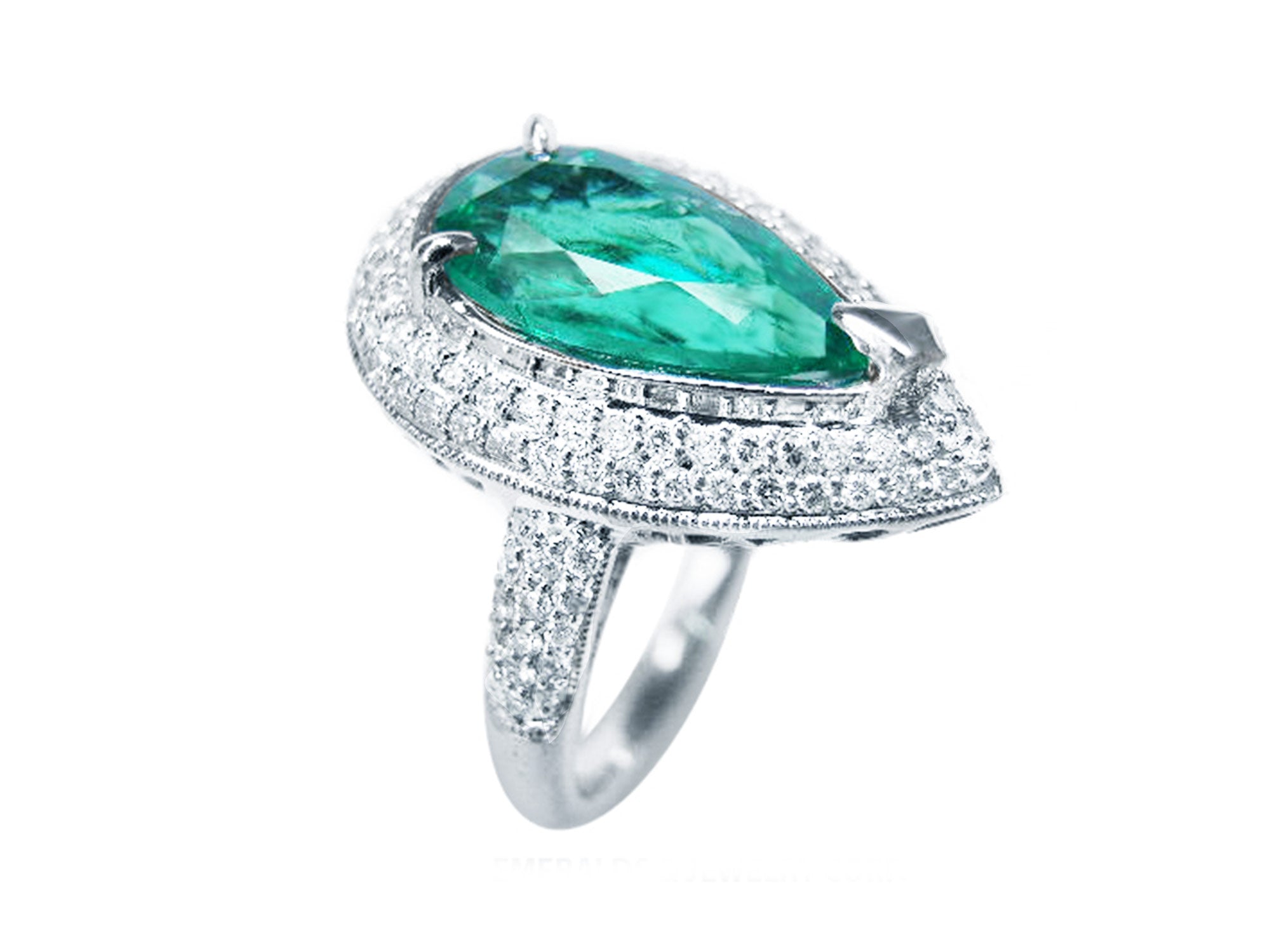 Pear shaped emerald engagement ring, top and right side profile view.