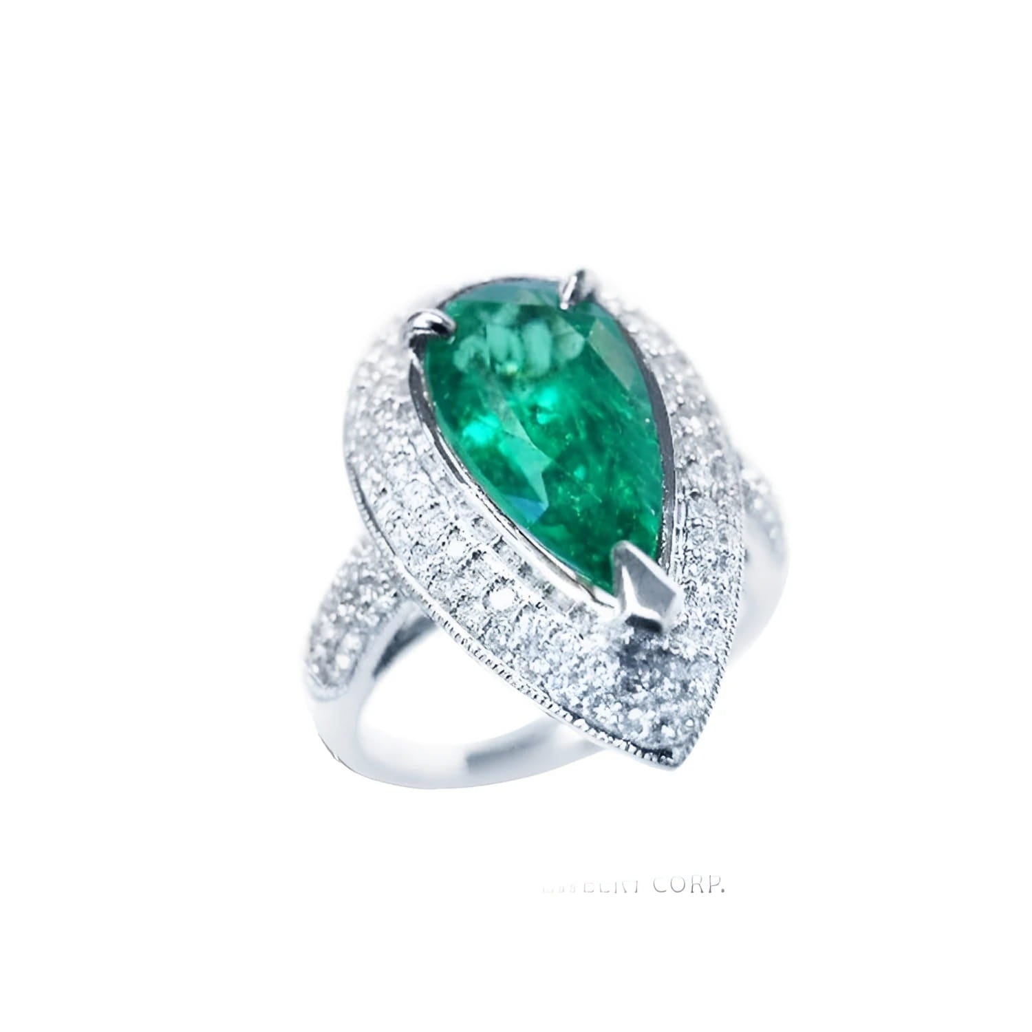 Pear-shaped 3.35 ct. emerald engagement ring in 14K white gold with diamond halo and pavé band.