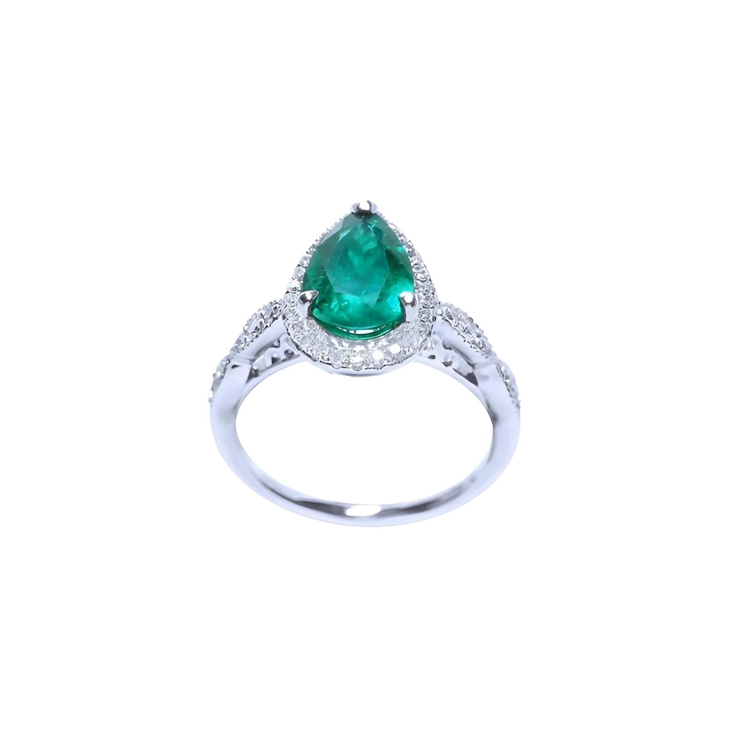 1.43 ct teardrop emerald engagement ring in 14K white gold with natural diamond halo and accents.