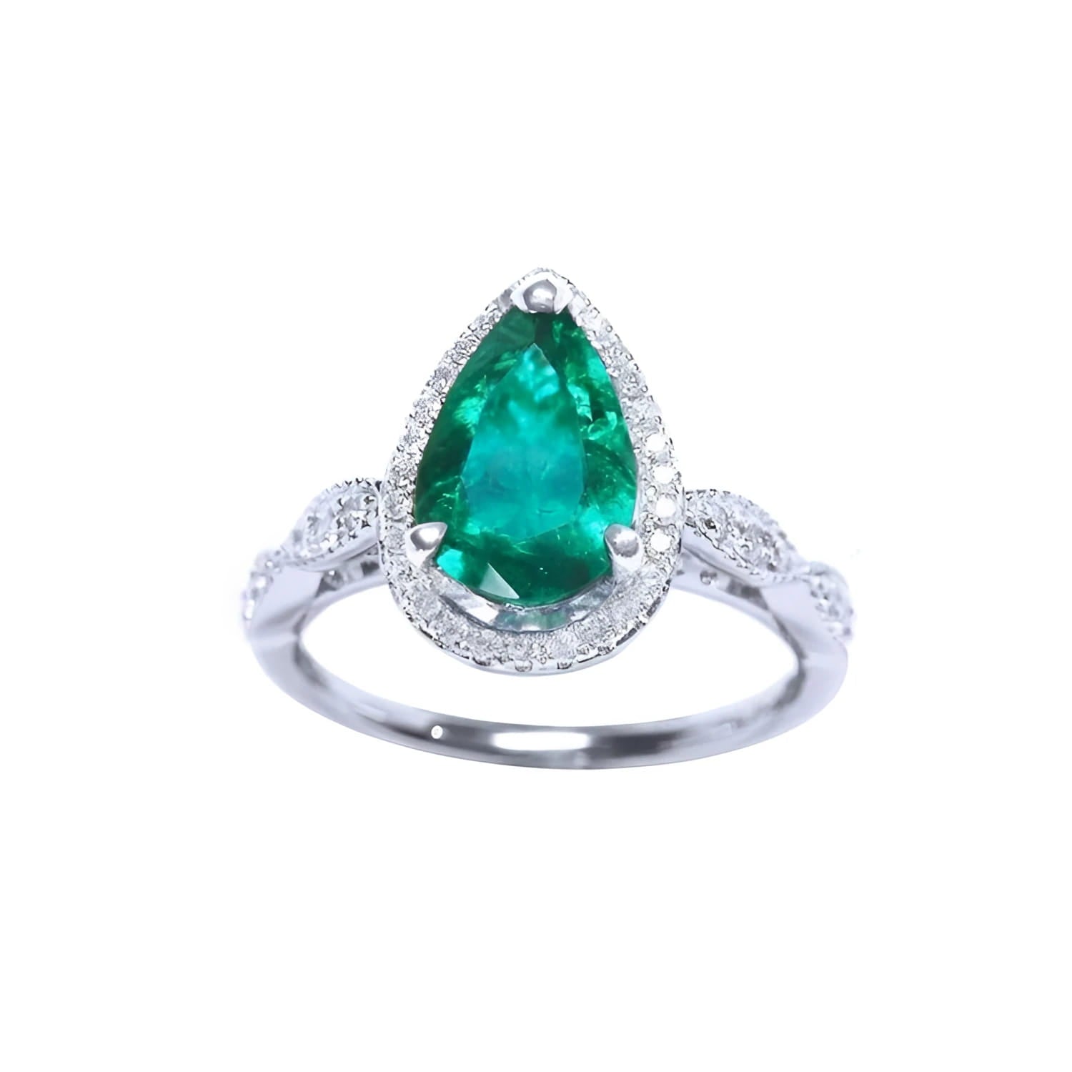 A teardrop natural colombian emerald surrounded by a halo of natural diamonds and made of 14k white gold.
