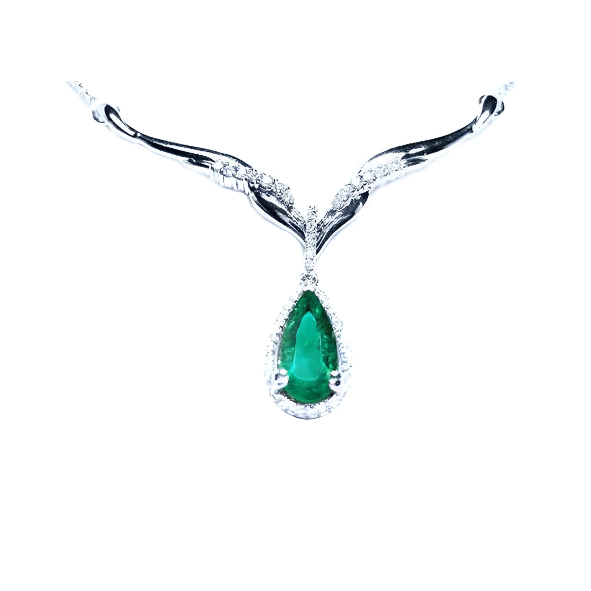 1.28 carat pear cut emerald necklace in 14K white gold with diamond halo and chevron design.