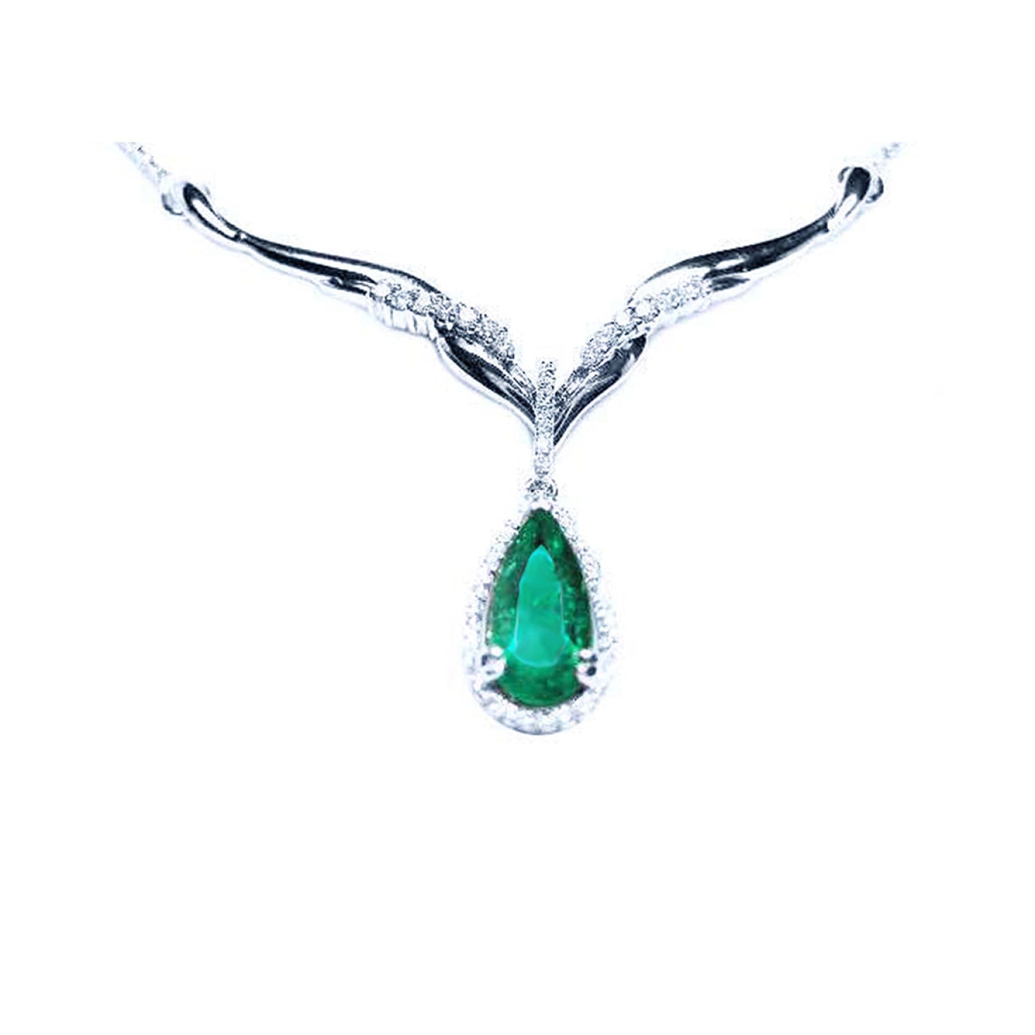 1.28 carat pear cut emerald necklace in 14K white gold with diamond halo and chevron design.
