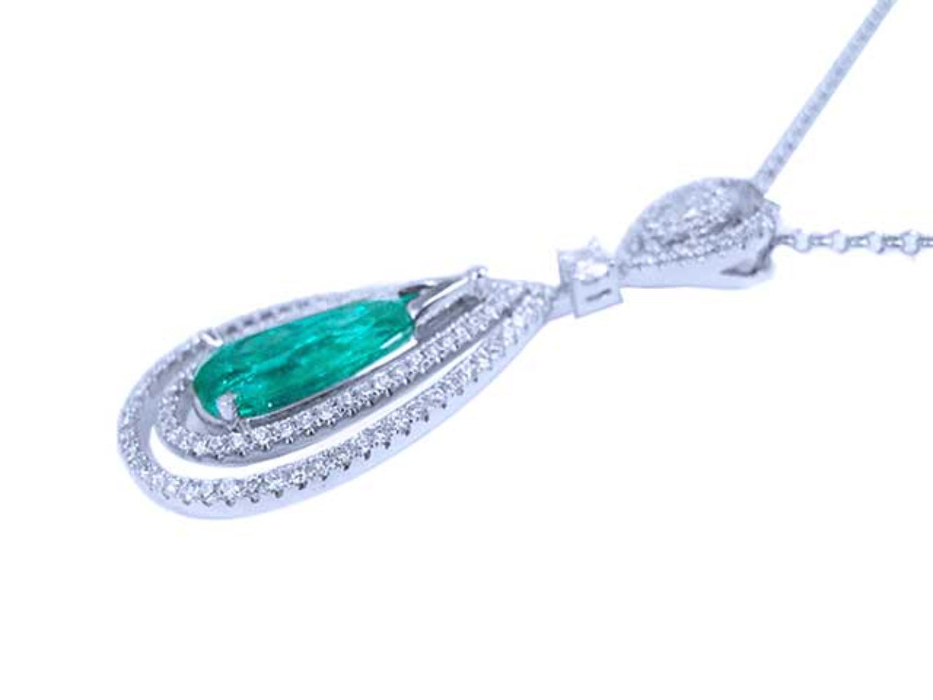 The side profile of a natural emerald teardrop with two rows of diamonds in white gold