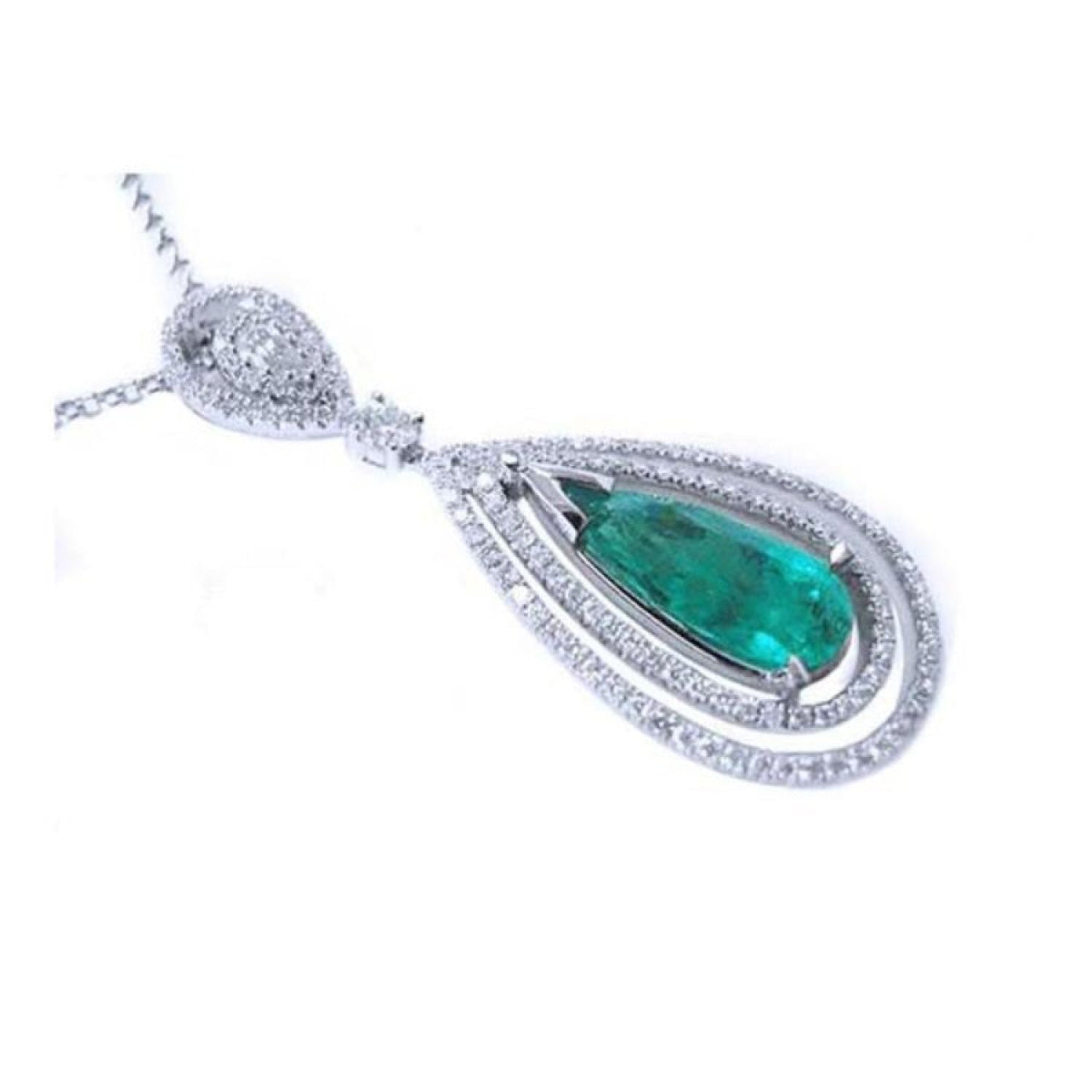Teardrop emerald pendant with double diamond halo, set in 18K white gold.