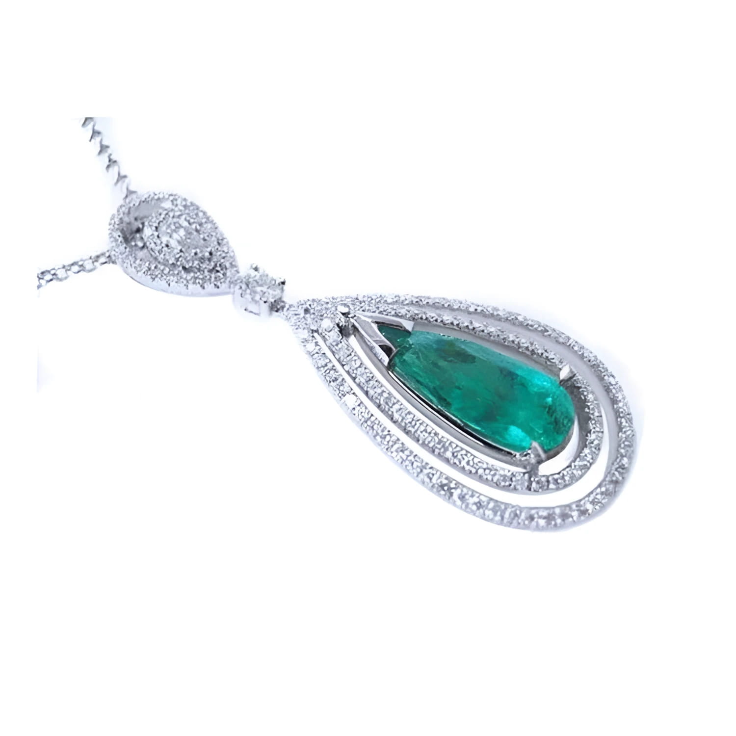 Teardrop emerald pendant with double diamond halo, set in 18K white gold.