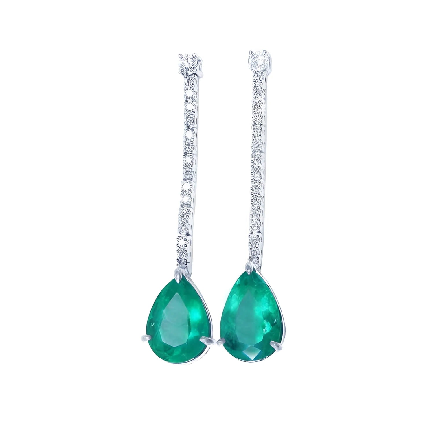 Pear shape 5.05 ct. Colombian emerald drop earrings with diamond accents in 18K white gold.
