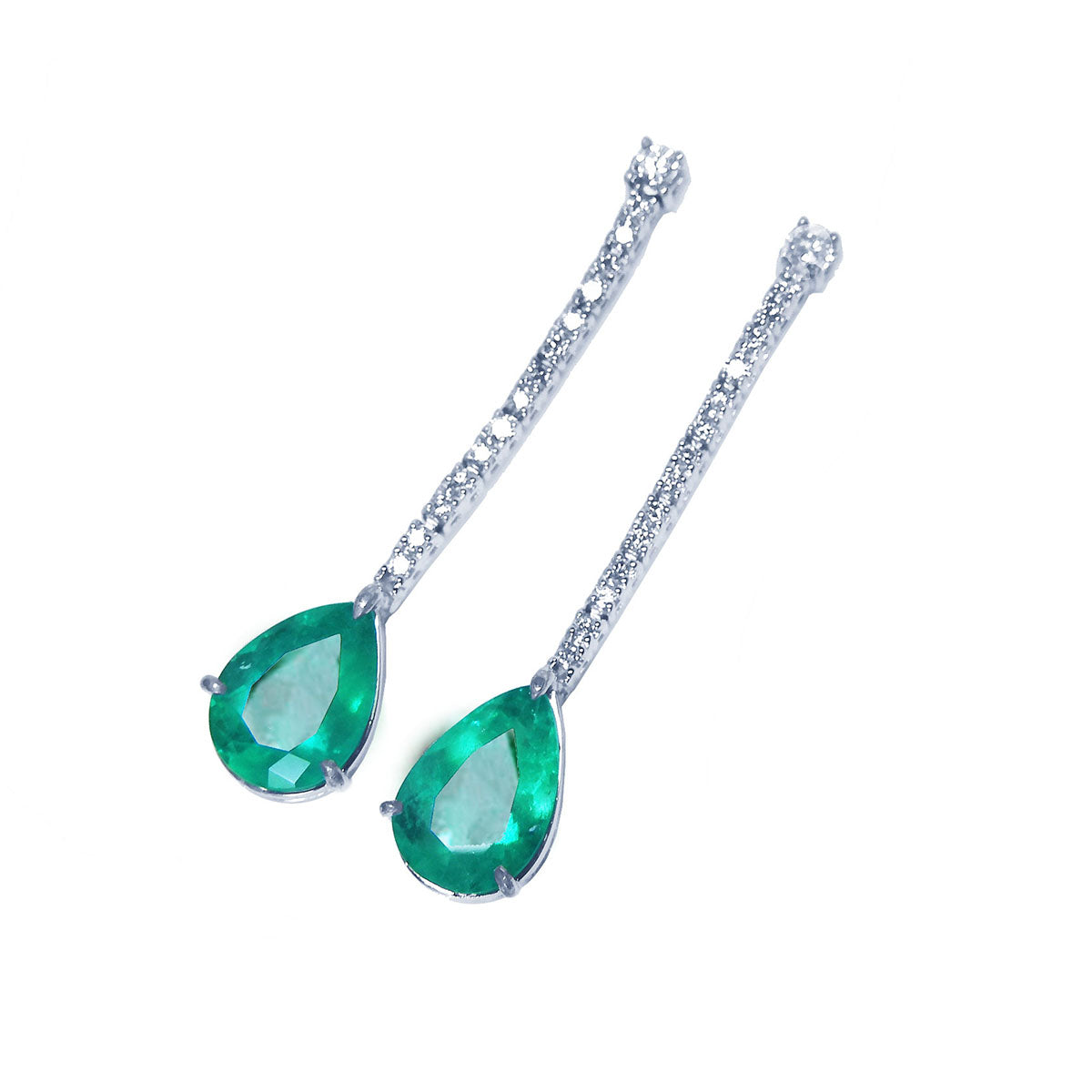 Left profile of a pair of emerald teardrop earrings with diamond accents on a white gold strip