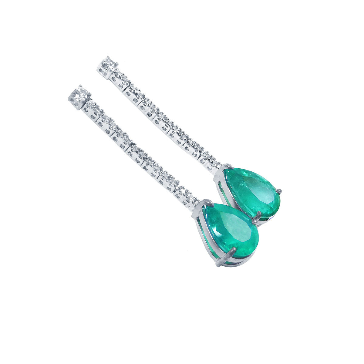Pair of teardrop natural emerald earrings and diamond-studded clasps on a white background