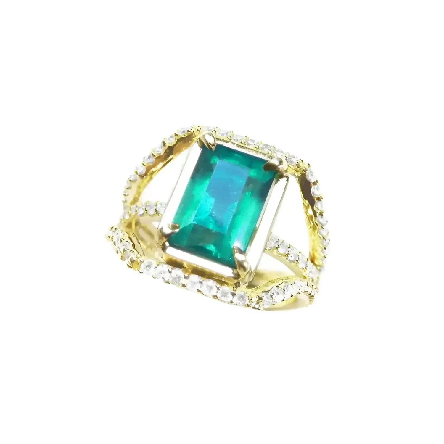 Anillo de oro 18k con esmeralda colombiana rectangular de 2.86 ct y tres filas de diamantes.