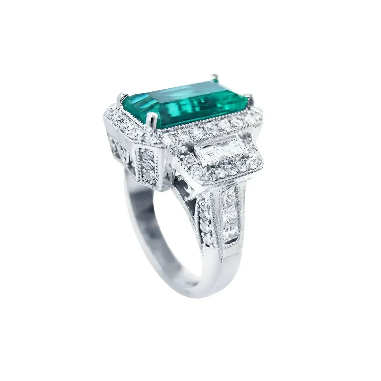 Anillo de compromiso de oro blanco 18k con esmeralda colombiana rectangular verde brillante de 2.99 ct y diamantes.