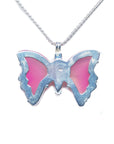 Butterfly-shaped pendant with pink agate interior and silver outline on a white background