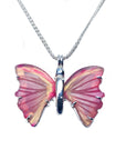 Agate butterfly-shaped pendant on a silver chain topside view against a white background
