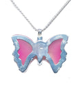 Back of a pink natural agate butterfly pendant in a sterling silver 925 setting on a silver necklace.