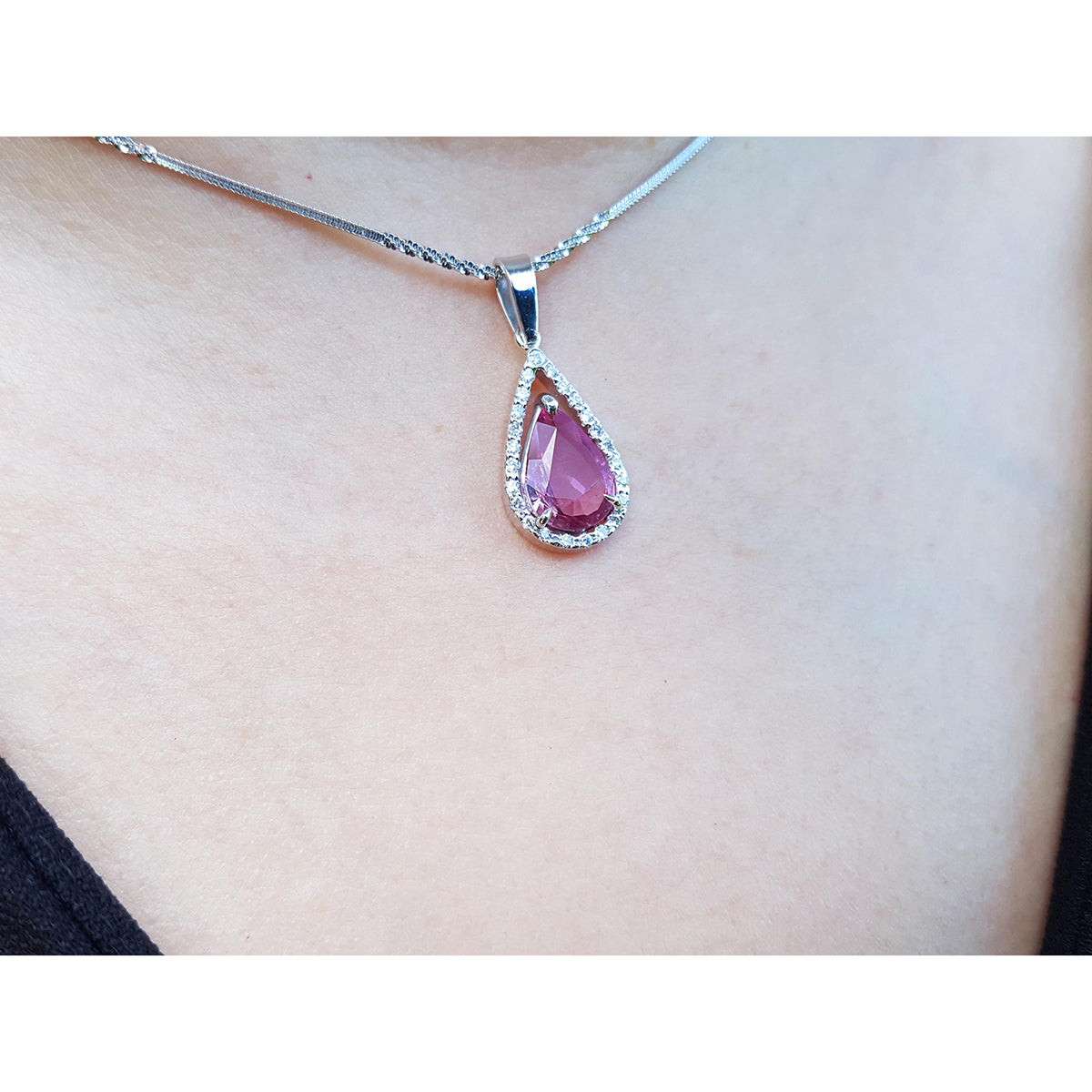 2.04 Carats Pink Sapphire Necklace Slider Pendant Halo Diamonds in 18K White Gold