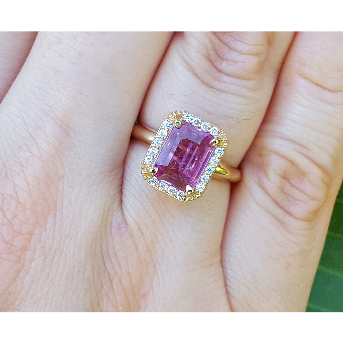 2.05 ct. Pink Sapphire Ring for Women Emerald-cut Halo Natural Diamonds 14K Yellow Gold