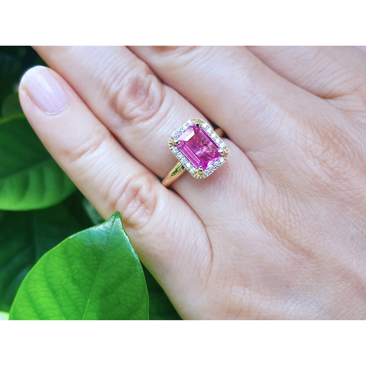2.05 ct. Pink Sapphire Ring for Women Emerald-cut Halo Natural Diamonds 14K Yellow Gold